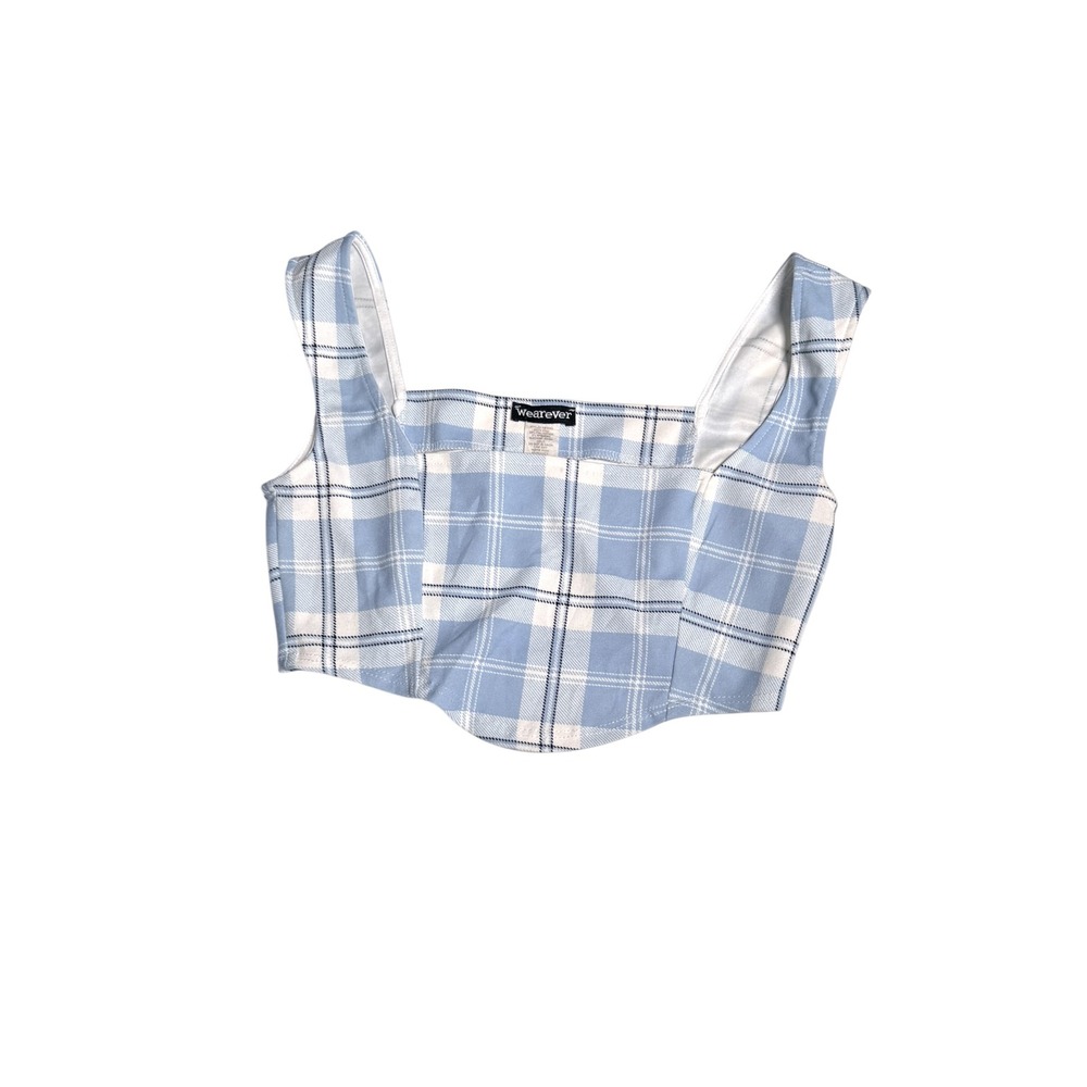 Vintage 90s Wearever Blue Plaid Corset Crop Top Square Neck Small  small